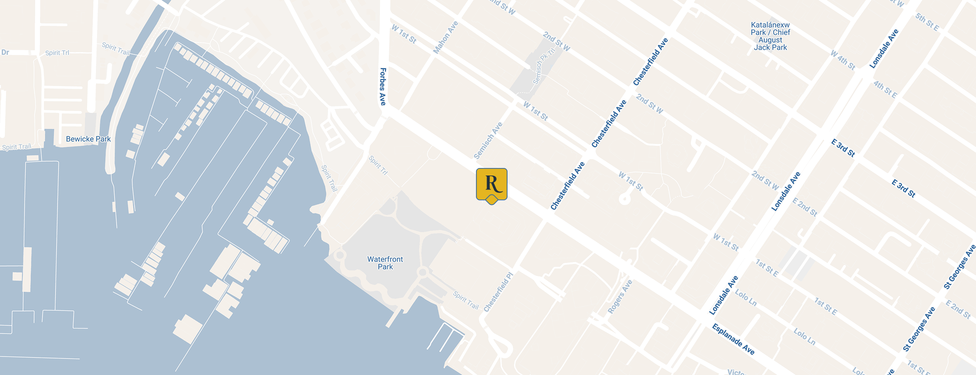 Map of Waterfront Park and Chesterfield Avenue area.