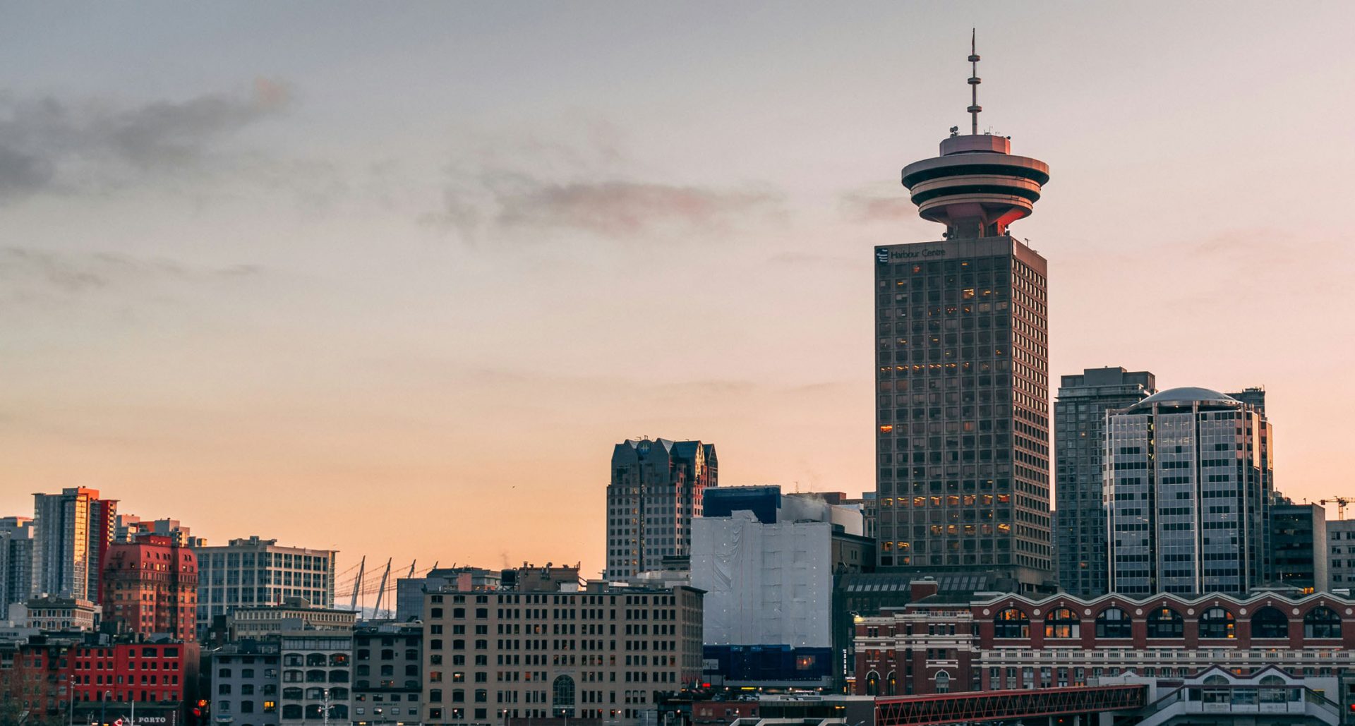 Vancouver skyline at sunset with Harbour Centre tower