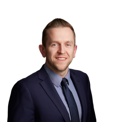 Smiling man in navy suit and tie portrait