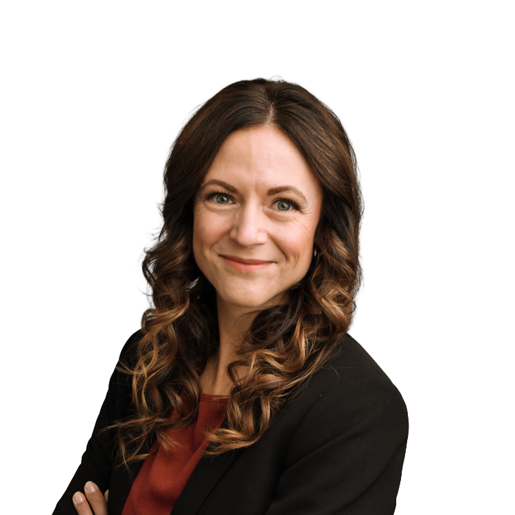 Professional headshot of smiling woman in black blazer